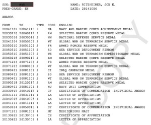 Ritzheimer DD214 Awards summary