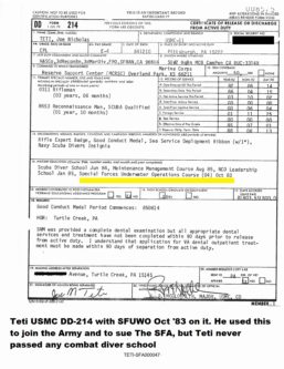 Teti USMC DD214 with SFCDQC 03 Oct 1983 forged