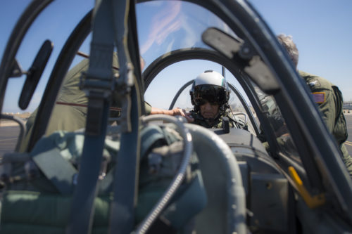 160709-N-TE278-033 CORONADO, California (July 9, 2016) Retired Cmdr. Dean "Diz" Laird sits in the rear seat of a T-34C Turbomentor with the "Flying Eagles" of Strike Fighter Squadron (VFA) 122. The T-34C marks the 100th aircraft Laird has flown in his 95-year lifetime. (U.S. Navy photo by Mass Communication Specialist 2nd Class Paolo Bayas/Released)