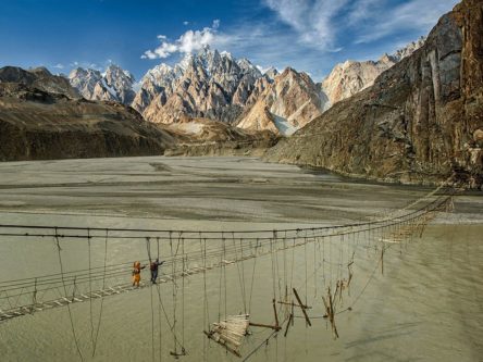 By a Thread Photograph by Kieron Nelson, National Geographic Your Shot In northern Pakistan’s Hunza region, travelers cross what’s often called the most dangerous bridge in the world: the Hussaini Hanging Bridge, which looks almost as unforgiving as the landscape around it. “[The bridge] is extremely old and very narrow,” photographer Kieron Nelson writes. “Situated high above [Borit Lake], it is missing many of the original wooden planks.”