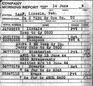 Evans AWOL 14 June 1944