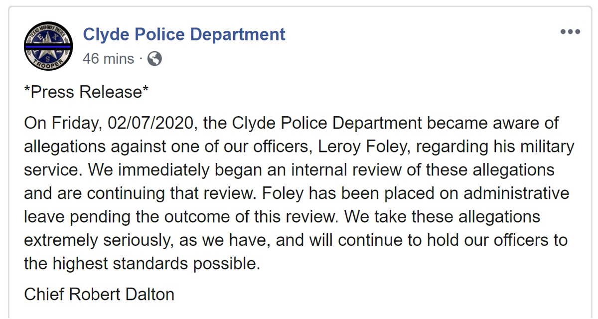 Clyde Police Dept Press Release
