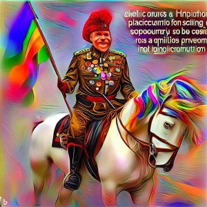 Pride clown in military uniform riding phony pony.jpg